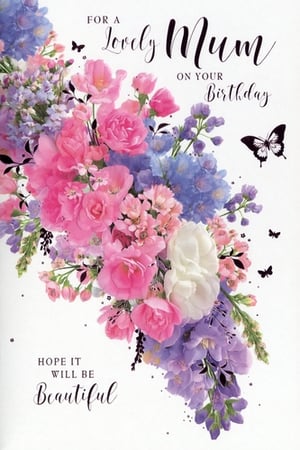 Celebrate Mum's birthday with this delightful card, featuring a beautiful arrangement of colourful flowers. Vibrant pinks, purples, and blues blend together, accented by delicate butterflies, creating an elegant and charming design. The card's message, "FOR A Lovely Mum ON YOUR Birthday," is perfectly complemented by the wish, "HOPE IT WILL BE Beautiful." It's a wonderful way to show your love and appreciation, making her special day feel extra cherished. A lovely choice for any Mum.