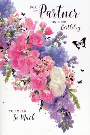 Help your customers celebrate a special birthday with this lovely card for their female partner, from Simon Elvin. The design features a vibrant bouquet of watercolour-style flowers in shades of pink, purple, and blue, complemented by delicate butterflies. With a heartfelt message that reads 'FOR MY Partner ON YOUR Birthday' and 'YOU MEAN So Much', this card offers a warm and affectionate way to express feelings. Ideal for retailers looking to stock thoughtful birthday cards, this design comes in a convenient pack of 6. A charming choice for any partner's special day.