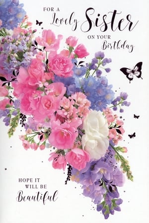 Help your customers celebrate their sisters with this charming birthday card from Simon Elvin. Adorned with a vibrant bouquet of pink, purple, and blue flowers, and delicate butterflies, this card offers a lovely way to send birthday wishes. The elegant message reads 'FOR A Lovely Sister ON YOUR Birthday' and 'HOPE IT WILL BE Beautiful'. It's a thoughtful choice for any sister's special day. Each wholesale pack includes 6 of these delightful cards, perfect for your retail display.