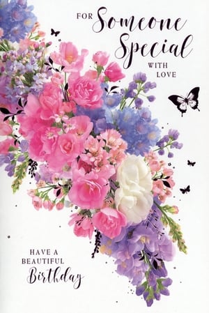 Celebrate a special woman's birthday with this exquisite greeting card, perfect for conveying heartfelt wishes. Adorned with a stunning bouquet of vibrant pinks, soft purples, and delicate blues, complemented by elegant white blooms and graceful butterflies, this card is a true visual delight. The beautiful script reads 'FOR Someone Special WITH LOVE' and 'HAVE A BEAUTIFUL Birthday', making it an ideal choice for a cherished friend, family member, or loved one. Its elegant design and thoughtful message are sure to make her feel truly appreciated on her special day. Stock up on these lovely cards in convenient packs of six to ensure your customers always find the perfect way to celebrate.