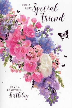 Celebrate a special friend's birthday with this gorgeous card from Simon Elvin. Featuring a stunning bouquet of pink, purple, and blue flowers, accented with delicate butterflies, it's truly eye-catching. The elegant design and heartfelt message "FOR A VERY Special FRIEND" and "HAVE A BEAUTIFUL Birthday" make it the perfect way to show you care. Ideal for any female friend, this card offers a beautiful blend of vibrant colours and classic charm. Stock up your shelves with this popular choice, conveniently supplied in packs of 6.