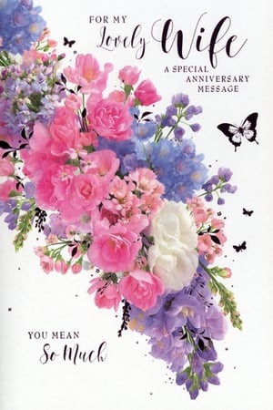 Celebrate enduring love with this exquisite 'Wife Wedding Anniversary' card from Simon Elvin. Adorned with a breathtaking bouquet of vibrant pink, purple, blue, and white flowers, this card is a true visual delight. Delicate butterflies flutter amongst the blooms, adding an extra touch of charm and elegance.
The heartfelt message, 'FOR MY Lovely Wife' and 'YOU MEAN So Much', beautifully conveys deep affection, making it the perfect way to honour a special anniversary. Its stunning design and tender sentiment ensure it will be cherished.
Available in a convenient pack of 6, this card is an ideal choice for retailers looking to offer their customers a truly memorable and beautiful option for celebrating their beloved wives.