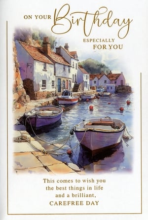 Offer your customers a truly charming birthday card with this beautiful 'Open Birthday Male' design from Simon Elvin. Featuring a delightful watercolour illustration of a tranquil harbour scene, complete with quaint cottages and moored boats, it evokes a sense of peace and relaxation. The warm message inside wishes the recipient 'the best things in life and a brilliant, CAREFREE DAY'. Perfect for anyone who appreciates classic, picturesque artwork, this card is ideal for male recipients. Available in a convenient pack of 6, it's a wonderful addition to any greeting card selection.