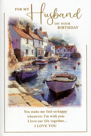 This 'Husband' birthday card from Simon Elvin is a truly special way to celebrate his big day. Featuring a beautiful watercolour illustration of a tranquil coastal village, complete with charming boats resting in the water, it captures a serene and romantic atmosphere. The heartfelt message inside perfectly conveys your feelings: "You make me feel so happy whenever I'm with you- I love our life together... I LOVE YOU." It's an ideal choice for expressing deep affection and appreciation. Perfect for retailers seeking high-quality, sentimental cards, this design is available in a convenient pack of 6.
