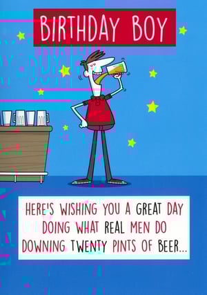 Make their birthday extra special and full of laughs with this fantastic 'Birthday Boy' card from Simon Elvin! Part of our popular Open Humorous collection, this card features a brilliant cartoon illustration of a man enjoying a well-deserved pint, surrounded by celebratory stars. The witty message inside reads: 'HERE'S WISHING YOU A GREAT DAY DOING WHAT REAL MEN DO DOWNING TWENTY PINTS OF BEER...'.

It's the perfect choice for anyone celebrating a male friend or family member who appreciates a good joke and a cold brew. This chuckle-worthy card is sure to bring a smile to their face. Available in a convenient pack of 6, it's an excellent addition to your greeting card selection.