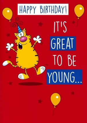Bring a smile to any birthday celebration with our delightful Open Humorous card from Simon Elvin. This vibrant card features a cheerful, dancing cartoon cat in a party hat, set against a bold red background adorned with playful stars and balloons. The message, "HAPPY BIRTHDAY! IT'S GREAT TO BE YOUNG...", offers a light-hearted touch, making it a fantastic choice for friends, family, or anyone who appreciates a bit of fun. Its universal appeal ensures it's a versatile addition to your greeting card selection. Available in a convenient pack of 6 (1x6), these cards are ready to brighten up your customers' special occasions.