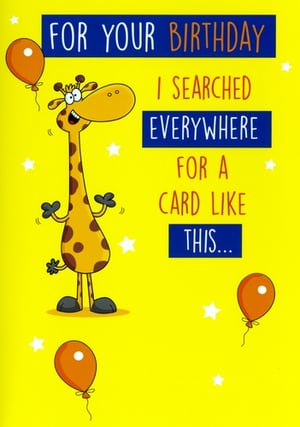 Make their birthday extra special with this delightful 'Open Humorous' card from Simon Elvin. Featuring an adorable, smiling giraffe and a witty message that reads, 'FOR YOUR BIRTHDAY I SEARCHED EVERYWHERE FOR A CARD LIKE THIS...', it's sure to bring a smile to anyone's face. The vibrant yellow background, playful balloons, and twinkling stars add to its charm. Perfect for all ages, this card is a fantastic choice for your retail offering. Supplied in a convenient pack of 6, it’s an easy way to add a touch of fun to your greeting card selection.