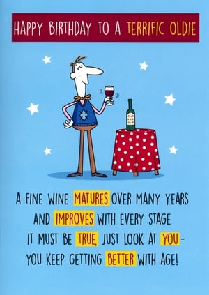 Add a touch of humour to any birthday celebration with our Open Humorous card, supplied by Simon Elvin. This charming card features a delightful illustration of a character toasting with a glass of wine, perfectly complementing the witty message. The front reads, "HAPPY BIRTHDAY TO A TERRIFIC OLDIE," followed by the clever sentiment: "A fine wine matures over many years and improves with every stage. It must be true, just look at you - you keep getting better with age!" It's an ideal choice for customers looking for a light-hearted way to wish someone well on their special day. Available in a convenient pack of 6.