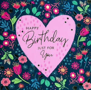 Add a touch of floral charm to your card collection with this lovely Open Birthday Female card from Simon Elvin. The design centres around a beautiful pink heart, subtly textured and featuring the warm greeting "Happy Birthday Just For You" in an elegant script and clear typography.
Surrounding the heart is a vibrant tapestry of whimsical flowers and lush green foliage, set against a deep, dark background. Hues of pink, red, orange, and blue blossoms create a cheerful and eye-catching display. This versatile card is ideal for celebrating any female's birthday, offering a heartfelt message with a beautiful aesthetic. Available in a convenient pack of 6.