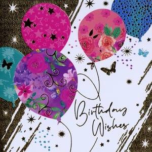 Brighten her birthday with this delightful Open Birthday Female card from Simon Elvin. This charming design showcases a colourful cluster of balloons, each featuring its own unique pattern – from elegant floral arrangements and intricate swirls to fun stars and classic polka dots. A beautiful mix of pinks, purples, teals, and blues, enhanced with subtle gold accents, gives this card a celebratory feel. Delicate butterflies add a touch of grace, complementing the stylish "Birthday Wishes" script. Ideal for any female recipient, this card offers a lovely way to send warm greetings. Available in a convenient pack of six, it's a thoughtful choice for your greeting card display.