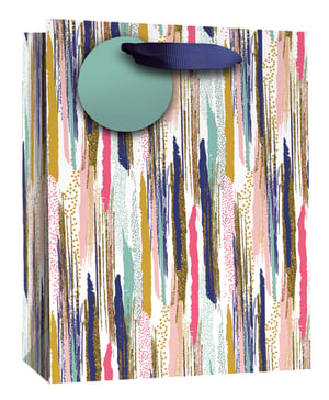 Make every gift extra special with our Large Paint Strokes Gift Bag from Simon Elvin. This eye-catching bag features a vibrant, modern design with bold brushstrokes in a delightful palette of navy, hot pink, and refreshing teal, beautifully accented with shimmering gold and playful dotted patterns.
Perfect for any celebration, the dynamic abstract pattern adds a contemporary touch to presents for birthdays, anniversaries, or just because. Each bag comes complete with a sturdy navy ribbon handle and a coordinating circular gift tag, ensuring your customers' gifts are presented with style and flair. Stock up on this popular design – available in a convenient pack of 6.