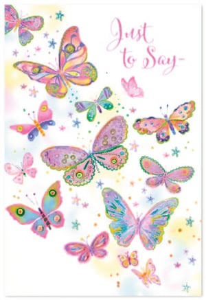 Introduce a touch of whimsical charm to your greeting card selection with our delightful 'Just To Say' card, brought to you by Simon Elvin. This enchanting design features a vibrant flurry of beautifully illustrated butterflies, rendered in a soft, pastel palette of pinks, purples, blues, and greens. Each butterfly is uniquely detailed, creating a truly eye-catching and artistic display.
Perfect for a multitude of occasions, from birthdays to thank yous, or simply to send a thoughtful message, this versatile card is sure to brighten anyone's day. The elegant 'Just To Say' script adds a classic touch. Available in a convenient pack size of 1x6, these cards are an essential addition for any retailer looking to offer quality and beauty. Stock up on this lovely design and let your customers share a little bit of joy!
