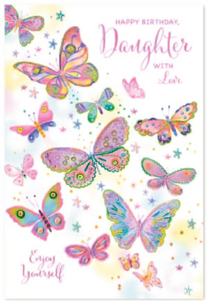 Make her birthday truly special with this enchanting 'Daughter' birthday card from Simon Elvin. Featuring a vibrant kaleidoscope of beautifully detailed butterflies in a stunning array of pinks, purples, blues, and greens, this card is a celebration of joy and colour. Delicate patterns and a soft, watercolour-washed background create a magical scene, perfectly complemented by the loving message: 'Happy Birthday, Daughter With Love' and 'Enjoy Yourself'. It's the ideal way to send warm wishes. Stock up with our convenient pack of 6.