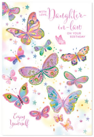Celebrate your wonderful Daughter-in-law's birthday with this enchanting card! It features a vibrant flutter of beautifully illustrated butterflies, each adorned with intricate patterns and a delightful mix of pastel pinks, purples, blues, and greens. The soft, watercolour-style background adds a touch of whimsical charm, making this card truly stand out. With heartfelt messages like "WITH LOVE, Daughter-in-law ON YOUR BIRTHDAY" and "Enjoy Yourself", it's the perfect way to send warm wishes. This lovely design is sure to bring a smile to her face on her special day. Available in a convenient pack of 6.