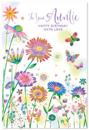 Send heartfelt birthday wishes to a special Auntie with this truly lovely card from Simon Elvin. Adorned with a vibrant garden of watercolour flowers in cheerful pinks, purples, blues, and yellows, complemented by whimsical butterflies, this design radiates warmth and affection. The message "To You, Auntie HAPPY BIRTHDAY WITH LOVE" makes it the perfect way to celebrate. Stock up on this beautiful card, ideal for showing appreciation to beloved aunties. Available in a convenient 1x6 pack size, it’s a delightful addition to any greeting card selection.