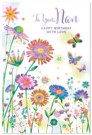 Celebrate Nan's special day with this beautiful birthday card from Simon Elvin. Featuring a delightful watercolour design, this card bursts with vibrant flowers and whimsical butterflies, creating a truly enchanting scene. The heartfelt message "To You, Nan, HAPPY BIRTHDAY WITH LOVE" makes it the perfect way to show appreciation and affection.
Sure to bring a smile, this charming card is a wonderful addition to any greeting card selection. Available in a convenient pack of 6, they're ideal for ensuring your customers have the perfect card for their beloved Nan.