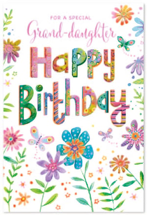 Brighten her special day with this enchanting 'Granddaughter' birthday card from Simon Elvin. Featuring a wonderfully vibrant design, this card showcases cheerful, textured 'Happy Birthday' lettering surrounded by whimsical watercolour flowers and playful butterflies. The delightful artwork, bursting with colour, makes it a truly memorable way to send your warmest wishes. Perfect for a special granddaughter, this charming card is sure to bring a smile. Available in a convenient wholesale pack of 6, ensuring you're well-stocked for those important family celebrations.