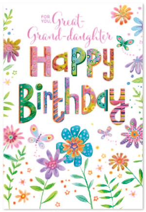 Celebrate a very special milestone with this delightful 'Great Granddaughter' birthday card from Simon Elvin. Designed to bring joy, this vibrant card features a charming array of colourful flowers and playful butterflies, set against a crisp white background. The eye-catching 'Happy Birthday' message is presented in fun, patterned lettering, perfectly complementing the elegant script for 'Great Grand-daughter'. It's an ideal choice for retailers looking to offer a bright and cheerful option for this cherished family member. Each wholesale pack contains 6 identical cards, ensuring you're well-stocked for those precious birthday moments. A truly lovely card for a truly lovely great granddaughter.