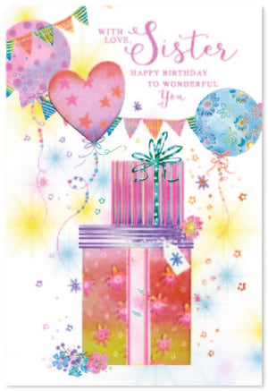 Celebrate sisters with this delightful birthday card from Simon Elvin. This vibrant design features colourful balloons, charming bunting, and beautifully wrapped gifts, all set against a sparkling backdrop. The heartfelt message "WITH LOVE... Sister, HAPPY BIRTHDAY TO WONDERFUL You" makes it perfect for expressing warm wishes.
This cheerful card is sure to bring a smile to any sister's face on her special day. Available in a convenient pack size of 1x6, it's an ideal addition to your greeting card selection. Stock up today and help your customers share the love with this lovely birthday card.