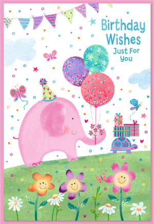 Celebrate her special day with this utterly charming 'Open Birthday Female' card from Simon Elvin. Featuring an adorable pink elephant sporting a party hat, this delightful design is bursting with joy. Colourful balloons float above, while a friendly turtle carries a stack of presents, all set against a vibrant green hillside dotted with smiling flowers and playful butterflies. With 'Birthday Wishes Just For You' beautifully displayed, this card is perfect for sending warm greetings to any female recipient. Its sweet, whimsical style and bright colours make it a truly memorable way to say Happy Birthday.