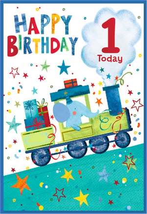Celebrate a special first birthday with this adorable Age 1 Male card from Simon Elvin. Perfect for welcoming a little one into their second year, this vibrant design features a charming blue elephant, complete with a party hat, driving a cheerful green train. The train is laden with colourful gifts, all set against a backdrop of playful stars and confetti. 'HAPPY BIRTHDAY' is emblazoned in bright, eye-catching letters, with a prominent '1 Today' in a fluffy cloud of smoke. This delightful card is bursting with joy and is sure to bring a smile to any family celebrating this milestone. Each pack contains 6 cards, ready to add a touch of magic to your retail offering.