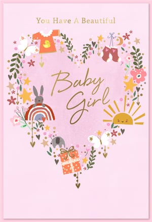 Welcome a precious new arrival with our delightful 'Birth Congrats Girl' card, perfect for celebrating the joy of a baby girl. This charming card features a soft pink background, beautifully adorned with a heart-shaped design crafted from whimsical illustrations. Golden script proudly announces, 'You Have A Beautiful Baby Girl'.
The intricate design includes sweet baby booties, a cute bunny, a cheerful sun, a colourful rainbow, and an adorable elephant, all nestled amongst delicate stars, flowers, and foliage. It's a truly heartwarming design that new parents will adore.
Supplied by trusted brand Simon Elvin, these high-quality cards are a must-have for your congratulations range. Available in a convenient pack size of 1x6, ensuring you're well-stocked for your customers' special moments.