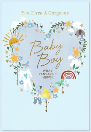 Welcome a new arrival with our charming 'Birth Congrats Boy' card, proudly supplied by Simon Elvin. This delightful card features a beautiful heart-shaped design, brimming with adorable baby-themed illustrations. A smiling sun, playful elephant, sweet baby grow, and a colourful rainbow are nestled amongst stars and foliage, all set against a gentle blue background. The elegant gold script announces 'You Have A Gorgeous Baby Boy, WHAT FANTASTIC NEWS!' making it a perfect way to share in the joy of new parents. Each card is crafted to convey warmth and happiness. Available in a convenient pack size of 1x6, this design is an excellent choice for your greeting card display.