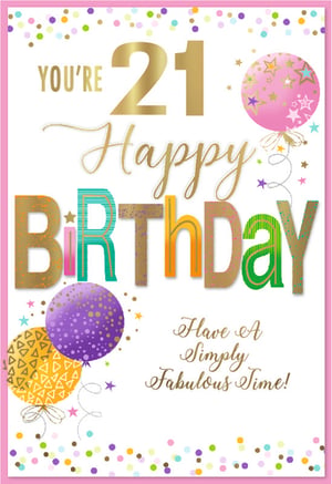 Celebrate a milestone 21st birthday with this vibrant and eye-catching card, perfect for a female recipient. The design features bold gold '21' and 'Happy Birthday' lettering, making it truly stand out. Adorned with a delightful array of colourful balloons, scattered confetti, and sparkling stars, this card exudes a festive and celebratory feel. Inside, a warm message wishes the recipient to 'Have A Simply Fabulous Time!' Supplied by Simon Elvin, these cards are ideal for marking such a special occasion. Available in a convenient pack of 6, they are a fantastic addition to any card display.