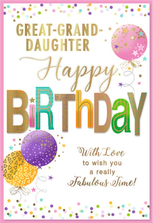 Celebrate your wonderful Great Granddaughter's special day with this delightful birthday card! Featuring a vibrant design with colourful confetti and cheerful balloons, it's sure to bring a smile to her face. The elegant gold lettering for 'Great-Granddaughter' and 'Happy Birthday' stands out beautifully. Inside, a warm message reads: 'With Love to wish you a really Fabulous Time!'
This charming card, from trusted supplier Simon Elvin, is perfect for conveying your heartfelt wishes. Stock up with our convenient pack of 6 cards, ensuring you're ready for every special occasion. A truly lovely way to show your Great Granddaughter how much she means to you!