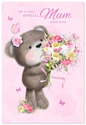 Show Mum just how special she is with this absolutely adorable greeting card from Simon Elvin. Featuring a charming, fluffy bear lovingly clutching a vibrant bouquet of pink, white, and yellow flowers, this design is sure to bring a smile to her face. Delicate pink butterflies flutter around, adding to the sweet, heartfelt sentiment. The card's warm pink background and elegant 'for a very SPECIAL Mum with love' message make it perfect for Mother's Day, birthdays, or simply to say 'I love you'. Each pack contains 6 of these delightful cards, ready to brighten any Mum's day.