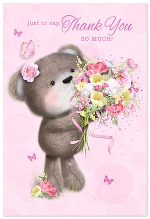 Say a truly special 'Thank You' with this enchanting card from Simon Elvin. This delightful design features an adorable, fluffy teddy bear lovingly presenting a vibrant bouquet of beautiful pink, yellow, and white flowers. Set against a soft pink backdrop adorned with delicate butterflies, the card exudes warmth and charm. The heartfelt message, 'just to say, Thank You SO MUCH!', makes it the perfect choice for expressing sincere gratitude for any occasion. This sweet and memorable card is sure to make recipients feel cherished. Available in a convenient pack of 6, it's an essential addition to your greeting card range.