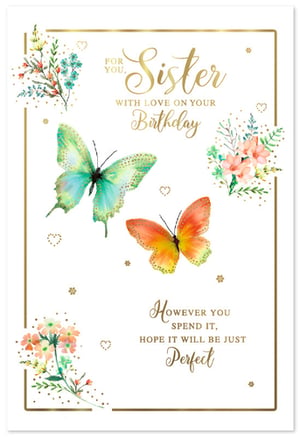 Celebrate a special bond with our exquisite 'Sister' birthday card, from the trusted Simon Elvin collection. This beautifully designed card features two vibrant watercolour butterflies, gracefully complemented by delicate floral arrangements and elegant gold foil accents. The heartfelt message, 'FOR YOU, Sister WITH LOVE ON YOUR Birthday' and 'HOWEVER YOU SPEND IT, HOPE IT WILL BE JUST Perfect', conveys warmth and affection. Perfect for any sister, this card is sure to make her day truly memorable. Stock up with our convenient pack of 6 and offer your customers a truly charming option for their loved ones.