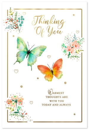 Send a truly heartfelt message with our beautiful 'Thinking Of You' card, brought to you by Simon Elvin. This exquisite design features two stunning watercolour butterflies, one in vibrant teal and the other in warm orange and yellow, gracefully fluttering amidst delicate floral arrangements.
Elegant gold foil lettering spells out "Thinking Of You" at the top, complemented by a sophisticated gold border and charming scattered gold hearts and dots. The comforting message, "Warmest thoughts are with you today and always," perfectly conveys your care.
Ideal for any occasion where you want to let someone know they're in your thoughts. Available in a convenient pack of 6 cards, ensuring you'll always have a thoughtful way to connect.