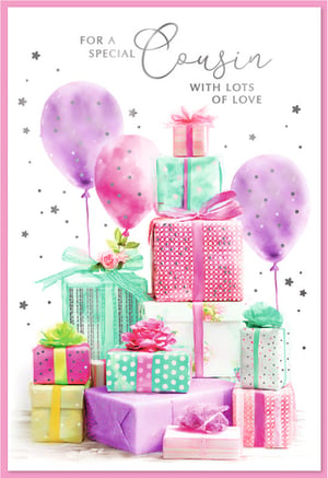 Celebrate a special female cousin with this charming greeting card from Simon Elvin. The delightful watercolour design features a vibrant stack of presents and balloons in lovely shades of pink, purple, and mint green, enhanced with sparkling silver details. The elegant message "FOR A SPECIAL Cousin WITH LOTS OF LOVE" makes it perfect for birthdays, celebrations, or simply to show affection. This card offers a warm and pretty way to send your best wishes. Available in a convenient wholesale pack size of 1x6, it's an ideal addition to your retail card collection.