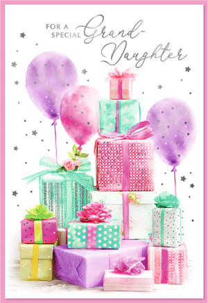 Celebrate a special granddaughter with this delightful greeting card from Simon Elvin. Featuring a charming watercolour design, this 'Granddaughter' card showcases a vibrant stack of beautifully wrapped gifts in shades of pink, purple, and teal, adorned with festive balloons and sparkling silver stars. The elegant script reads "FOR A SPECIAL Grand-Daughter," making it the perfect choice for birthdays, achievements, or simply to show how much she's loved. This card is sure to bring a smile to her face. Available in a convenient pack of 6.