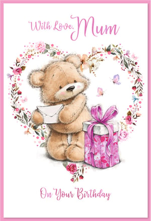 Offer your customers the perfect way to celebrate Mum's special day with this delightful birthday card. This heartwarming design features an adorable teddy bear holding a letter, surrounded by a beautiful heart-shaped floral wreath adorned with delicate butterflies. The soft, gentle colours and charming illustration style create a truly sweet and affectionate message. With the loving sentiments 'With Love, Mum' and 'On Your Birthday', it's an ideal choice for customers seeking a thoughtful and pretty card for their mother. From trusted supplier Simon Elvin, these high-quality cards come in convenient packs of 6, ensuring you're always ready to meet demand for this popular occasion.