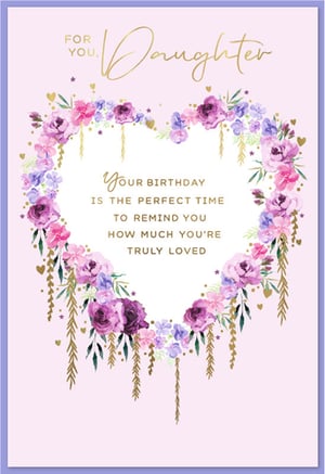 Show a special daughter just how much she's cherished with this exquisite birthday card from Simon Elvin. Adorned with a beautiful heart-shaped wreath of watercolour flowers in vibrant pinks, purples, and lilacs, it's truly eye-catching. Delicate gold hearts, stars, and trailing foliage add a touch of elegance and sparkle. The loving message, 'YOUR BIRTHDAY IS THE PERFECT TIME TO REMIND YOU HOW MUCH YOU'RE TRULY LOVED', is beautifully presented within the floral design. This card offers a warm and heartfelt way to celebrate. Available in a wholesale pack of 6, it's a wonderful choice for any retailer looking to offer premium birthday cards for daughters.