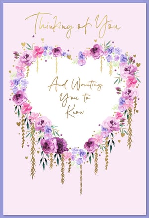 Send a heartfelt message with our beautiful 'Thinking Of You' card from Simon Elvin. This exquisite design features a delicate watercolour floral heart in shades of purple, pink, and lilac, adorned with charming gold accents. The elegant script conveys a warm sentiment, making it perfect for letting someone know you're thinking of them, whatever the occasion. Its gentle colours and thoughtful message create a truly special card. Available in a convenient pack size of 1x6, these cards are ideal for your retail display. Offer your customers a lovely way to connect and share their care.