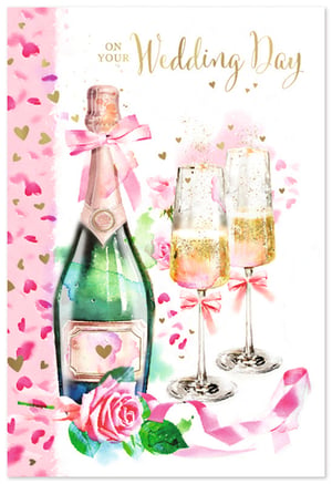 Celebrate love with our exquisite 'Wedding Day' card from Simon Elvin. This beautiful watercolour design captures the joy of the occasion, featuring a celebratory champagne bottle, two elegant flutes brimming with sparkle, and delicate pink roses. Adorned with charming pink bows and golden heart accents, the card's "On Your Wedding Day" message is elegantly scripted in gold. It's the perfect choice for customers looking to send heartfelt wishes to the happy couple. Each pack contains 6 cards, making it an ideal addition to your greeting card selection. Offer your customers a truly special way to mark this momentous day.