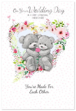 Presenting our heartwarming 'Wedding Day' card, a delightful addition to your occasionwear range from Simon Elvin. This charming design showcases two adorable grey teddy bears, affectionately embracing with one holding a delicate pink rose. They are beautifully framed by a soft, watercolour heart-shaped wreath of pink and green florals, set against a subtle polka dot background. The elegant silver foil text "On Your Wedding Day" adds a touch of sophistication, complemented by the sweet sentiment "You're Made For Each Other." This card is perfect for customers looking to share warm wishes with a happy couple. Available in a convenient pack of 6, it's an ideal choice for retailers seeking popular and endearing wedding stationery.