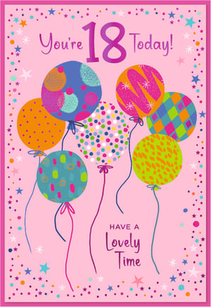 Celebrate a special 18th birthday with this vibrant card from Simon Elvin. Designed specifically for a female recipient, this cheerful card features a delightful pink background adorned with an array of colourful, patterned balloons, confetti, and sparkling stars. The prominent message 'You're 18 Today!' is complemented by a warm 'Have a Lovely Time' wish. Perfect for marking this significant milestone, its bright and festive design is sure to bring a smile. Available in a convenient wholesale pack of 6.