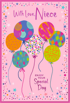 Celebrate your wonderful niece with this vibrant and cheerful greeting card! From Simon Elvin, this delightful design features a playful array of colourful balloons, each adorned with unique patterns, floating against a bright pink background. The card is beautifully framed with a scattering of stars and confetti, adding to the festive feel.
The heartfelt message 'With Love, Niece' is prominently displayed at the top, while 'ENJOY YOUR Special Day' adds a warm wish at the bottom. Perfect for birthdays or any special occasion, this card is sure to bring a smile to your niece's face. Stock up your shelves with this charming design, available in a convenient pack of 6.