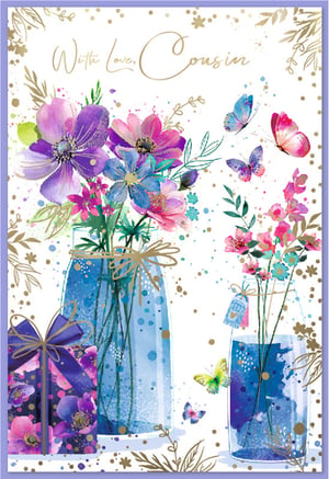Share warm wishes with a special cousin using this delightful card from Simon Elvin. This charming design features a beautiful watercolour illustration of vibrant purple, pink, and blue flowers, artfully arranged in stylish glass jars. Graceful butterflies flutter across the scene, adding a touch of whimsy. A thoughtfully wrapped gift box complements the floral display, all enhanced by golden accents and delicate foliage. The elegant script "With Love, Cousin" completes this lovely card. Ideal for celebrating any occasion, it's sure to brighten their day. Supplied in a handy pack size of 1x6.