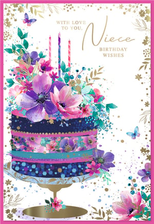 Offer your customers a beautiful way to celebrate with this 'Niece' birthday card from Simon Elvin. This charming card features a stunning multi-tiered cake, adorned with vibrant watercolour flowers in shades of purple, pink, and teal. Gold accents, delicate speckles, and graceful butterflies enhance the elegant design. The heartfelt message 'WITH LOVE TO YOU, Niece BIRTHDAY WISHES' makes it a perfect choice for a special Niece. This eye-catching card is an excellent addition to any retail display, offering both quality and appeal. Available in a convenient pack size of 1x6.