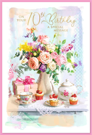 Celebrate a truly special milestone with this exquisite 'Age 70 Female' birthday card from Simon Elvin. Adorned with a beautiful watercolour illustration, the design features a vibrant bouquet of roses and mixed blooms, creating a wonderfully elegant and feminine feel. Below the heartfelt 'ON YOUR 70th Birthday' message, a charming tea party scene unfolds, complete with delicate teacups, a teapot, and delicious strawberry cupcakes, all adding to the celebratory atmosphere. This card is perfect for honouring a cherished friend or family member on their landmark 70th. Available in convenient packs of 6, it’s a delightful addition to any greeting card selection.