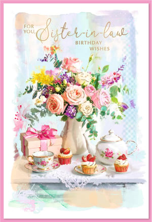 Celebrate your wonderful Sister-in-law's special day with this exquisite birthday card. Featuring a stunning watercolour design, it showcases a beautiful bouquet of roses and vibrant blooms, creating a truly elegant feel. Below the floral arrangement, a charming scene unfolds with a delicate teacup, a classic teapot, and delicious-looking cupcakes adorned with fresh strawberries – perfect for a birthday treat! A thoughtfully wrapped gift box with a pretty pink bow completes this delightful illustration. The heartfelt message 'FOR YOU, Sister-in-law BIRTHDAY WISHES' is elegantly scripted in gold, making this card a truly warm and memorable way to send your love and best wishes. A truly lovely choice for a cherished family member.
