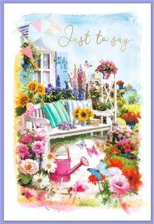 "Just To Say" Card by Simon Elvin
Offer your customers a truly charming way to connect with our "Just To Say" card, brought to you by Simon Elvin. This exquisite design captures the essence of a beautiful summer garden, featuring a picturesque white bench adorned with cheerful sunflowers and an abundance of vibrant blossoms. Delicate butterflies dance amidst the flowers, while colourful bunting adds a whimsical touch to the scene. Rendered in a lovely, painterly style, this versatile card is perfect for conveying heartfelt messages for any occasion – be it a birthday, a thank you, or simply to brighten someone's day. Available in a convenient pack of 6, it's an essential addition to your greeting card display.