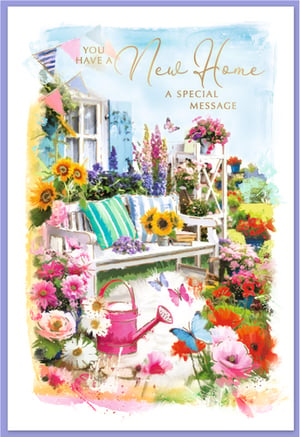 Welcome new homeowners with this beautiful 'New Home' card from Simon Elvin. This delightful design features a vibrant, painterly garden scene, bursting with colour and charm. A quaint white garden bench is surrounded by cheerful sunflowers, delicate pink and purple blooms, and playful butterflies, all under a bright blue sky. A charming garden shed with blue shutters and colourful bunting adds to the idyllic setting. The elegant gold script wishing "New Home" makes this card truly special. Perfect for celebrating a fresh start, this design is sure to bring joy to any recipient. Available in a convenient pack of 6, ready for your customers.
