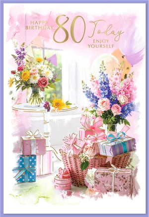 Mark a truly special 80th birthday with this enchanting card from Simon Elvin. Perfect for a female recipient, this design features a gorgeous watercolour illustration, brimming with lush floral bouquets in shades of pink, blue, and yellow. Festive bunting, elegant gift boxes, and soft balloons complete the celebratory scene. The message "Happy Birthday 80 Today, Enjoy Yourself" is beautifully presented in gold and pink, adding a touch of sophistication. This card offers a warm and heartfelt way to celebrate a significant milestone. Available in a convenient pack of 6, it's a wonderful addition to any retail collection.