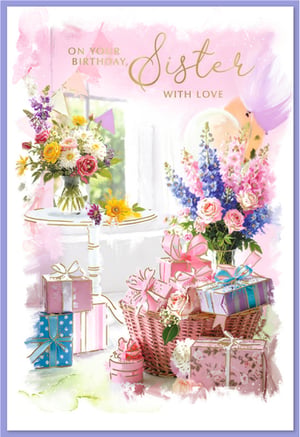 Celebrate your sister's special day with this truly beautiful birthday card from Simon Elvin. Featuring a delightful watercolour design, this card is bursting with vibrant flowers, charming gift boxes, and celebratory balloons, all set against a soft pink backdrop. The elegant gold script reads 'ON YOUR BIRTHDAY, Sister WITH LOVE', adding a touch of sophistication. It's the perfect way to convey your warmest wishes. This high-quality card comes in a convenient pack of 6, making it an ideal addition to your retail offering. A wonderful choice for any sister, this card is sure to bring a smile.